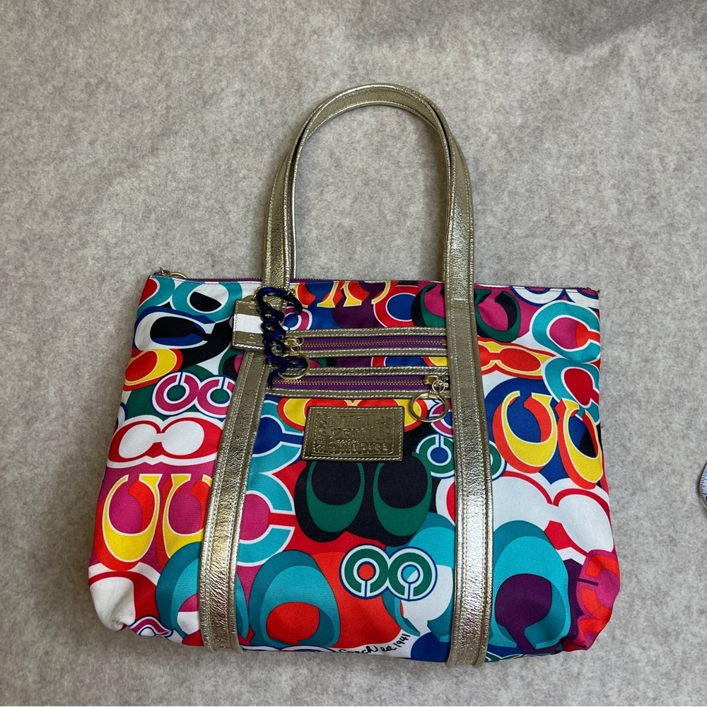 Coach Poppy Glam Graffiti Y2K Gold Metallic Multicolor Zip Tote Bag - Picture 4 of 17